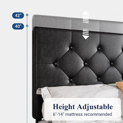 Allewie Upholstered Queen Size Platform Bed Frame with 4 Storage Drawers and Headboard, Square Stitched Button Tufted, Mattress Foundation with Wooden Slats Support, No Box Spring Needed, Light Grey
