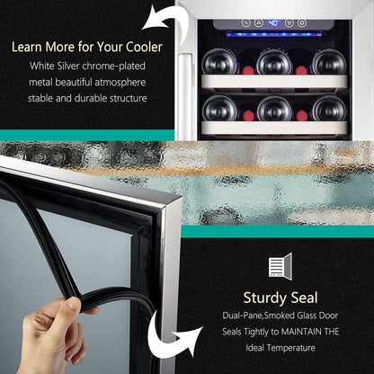24 inch Wine Cooler, 46 Bottle - Dual Zone Built-in or Freestanding Fridge with Stainless Steel Reversible Glass Door, for Home, Kitchen, or Office.