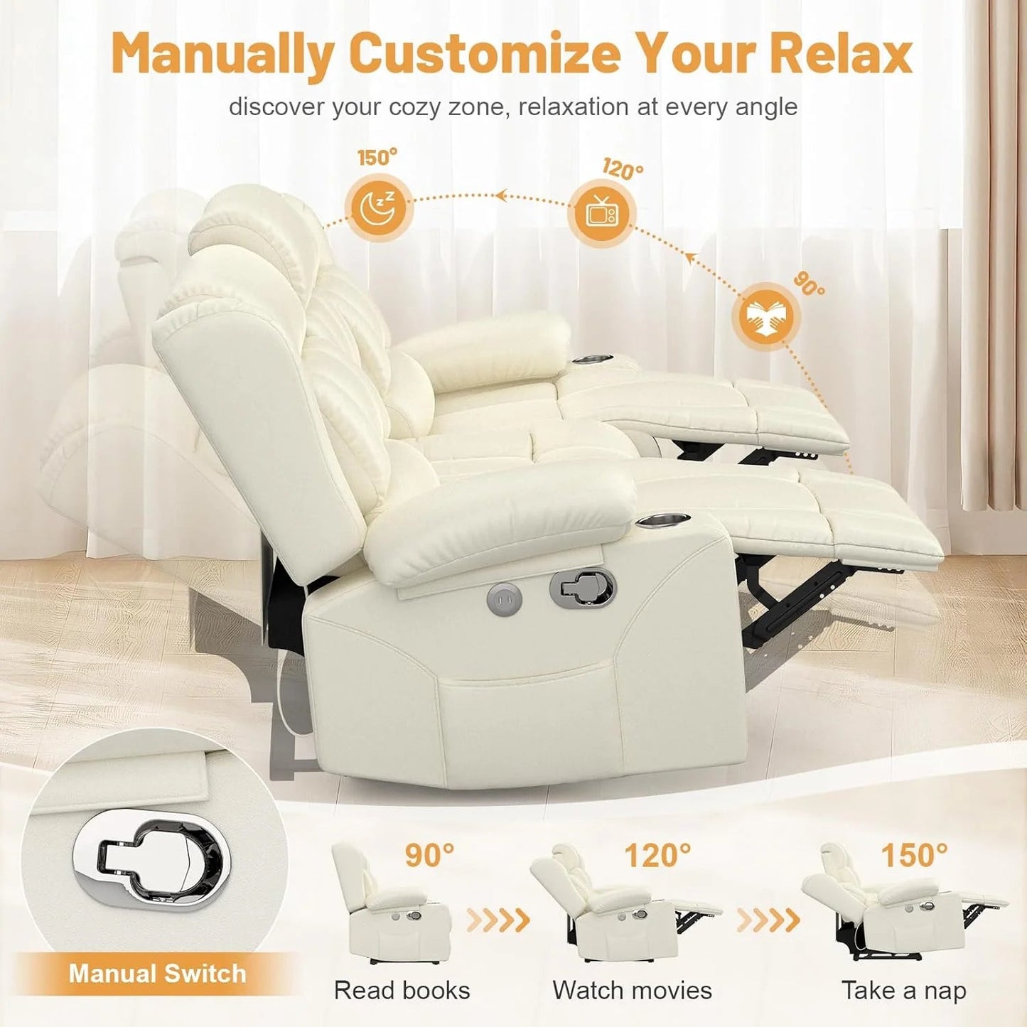 3 Seat Reclining Sofa with Storage Drawer USB Ports & Cup Holders Manual Couch
