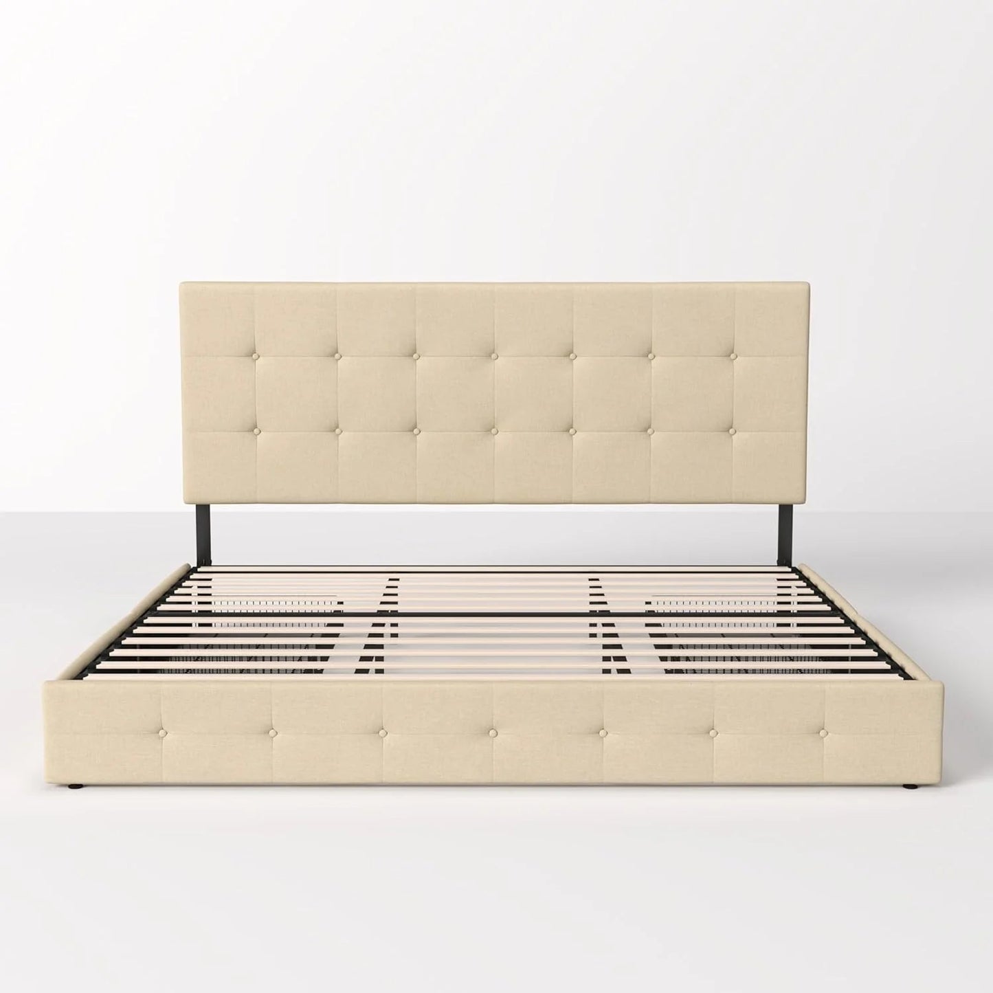 Allewie Upholstered Queen Size Platform Bed Frame with 4 Storage Drawers and Headboard, Square Stitched Button Tufted, Mattress Foundation with Wooden Slats Support, No Box Spring Needed, Light Grey
