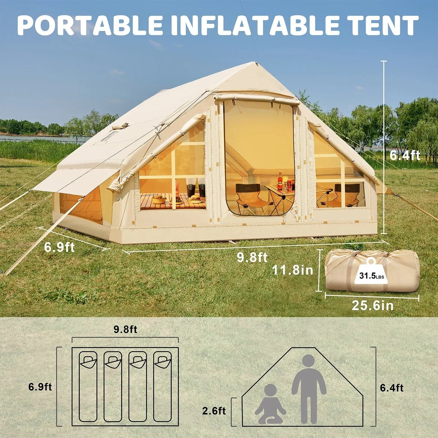 6 Person Inflatable Camping Tent with Pump