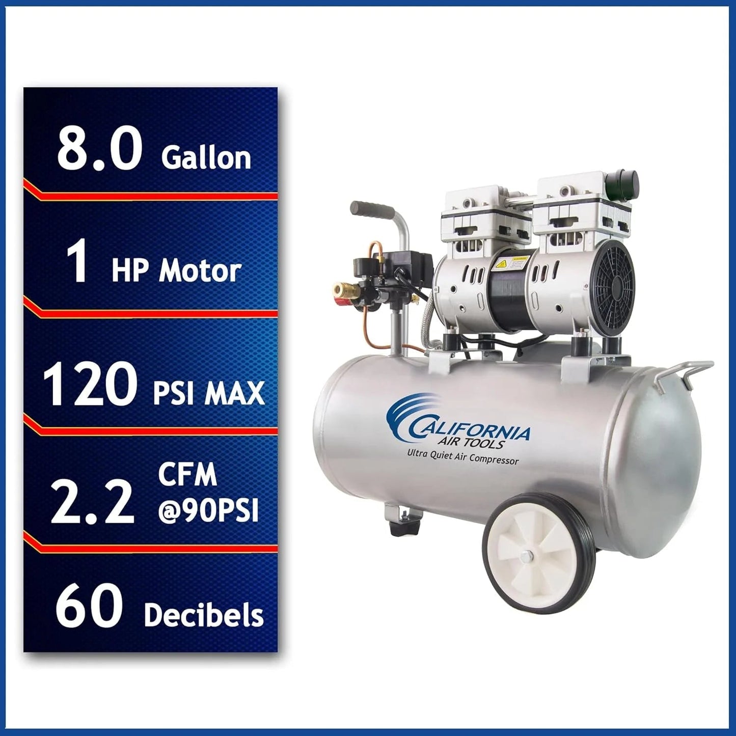 Air Tools 8010 Ultra Quiet Oil-Free Air Compressor, 1.0 HP, 8 Gallon, 120 PSI, 60 dB Noise Level