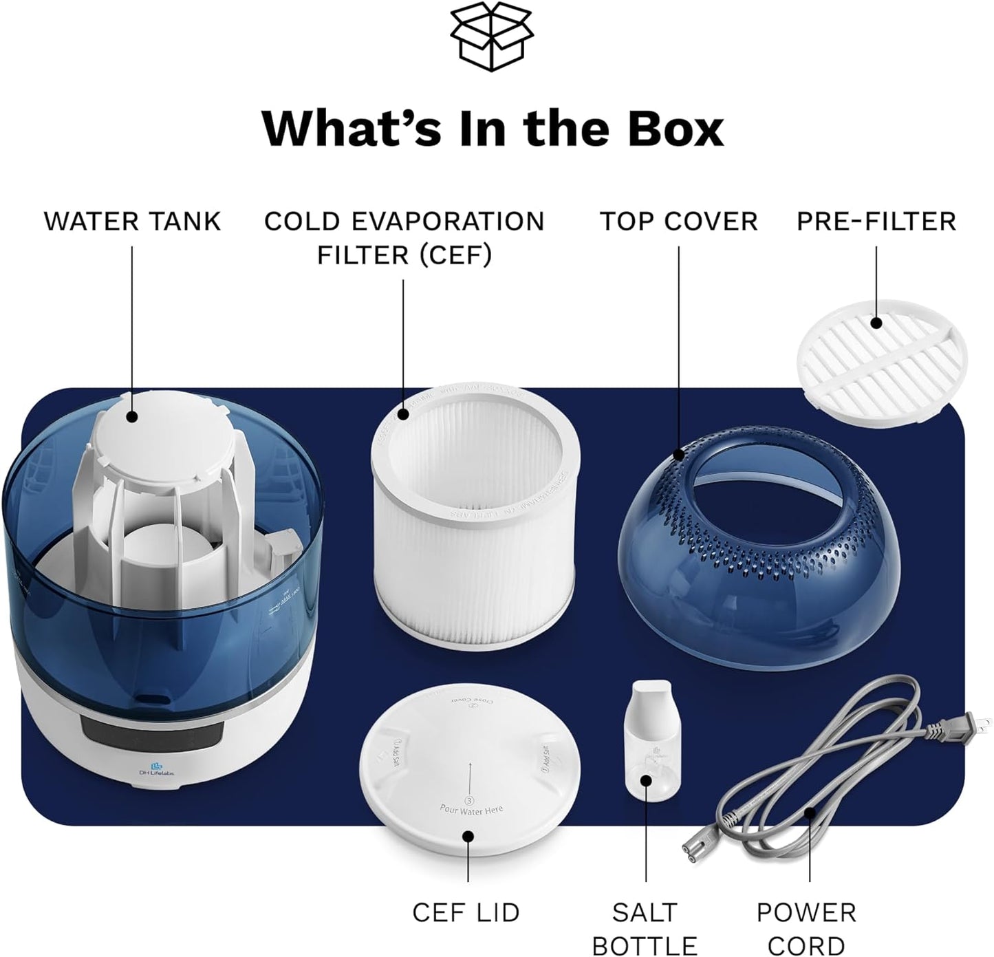 Bedroom Evaporative Humidifier, Humidifier and Air Purifier in One, with HOCL Generator, Mildew Remover, Pet Smoking Odor Eliminator, 538 Square Feet, Blue