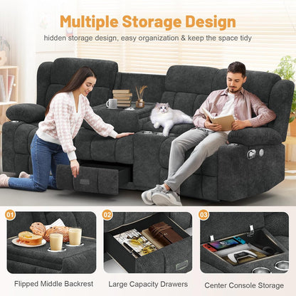 3 Seat Reclining Sofa with Storage Drawer USB Ports & Cup Holders Manual Couch