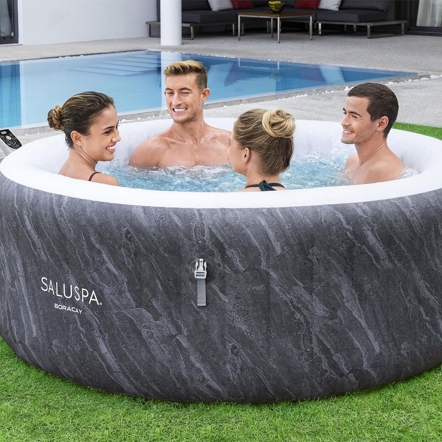 Bestway SaluSpa Fiji AirJet Large Round 2 to 4 Person Inflatable Hot Tub Portable Outdoor Spa with 120 AirJets and EnergySense Cover, Grey